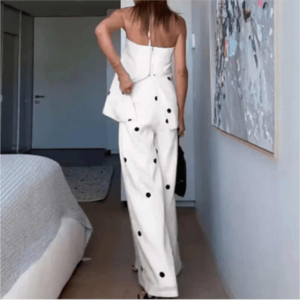 Women Polka Dot Backless Top Wide Leg Pants Set