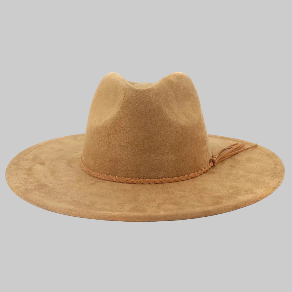 Chic Suede Wide-Brimmed Fedora Hat with Belt Accent