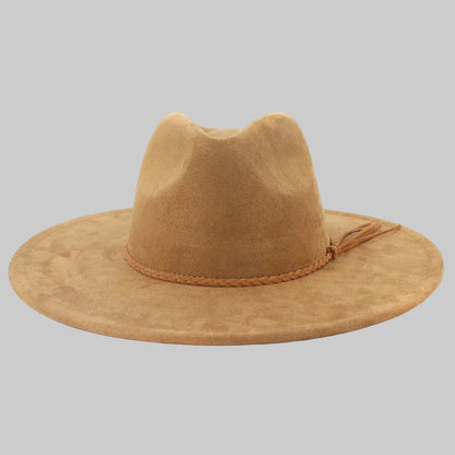 Chic Suede Wide-Brimmed Fedora Hat with Belt Accent