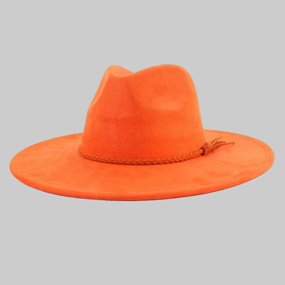 Chic Suede Wide-Brimmed Fedora Hat with Belt Accent