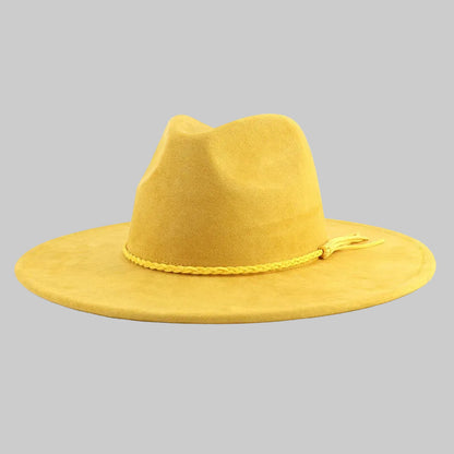 Chic Suede Wide-Brimmed Fedora Hat with Belt Accent