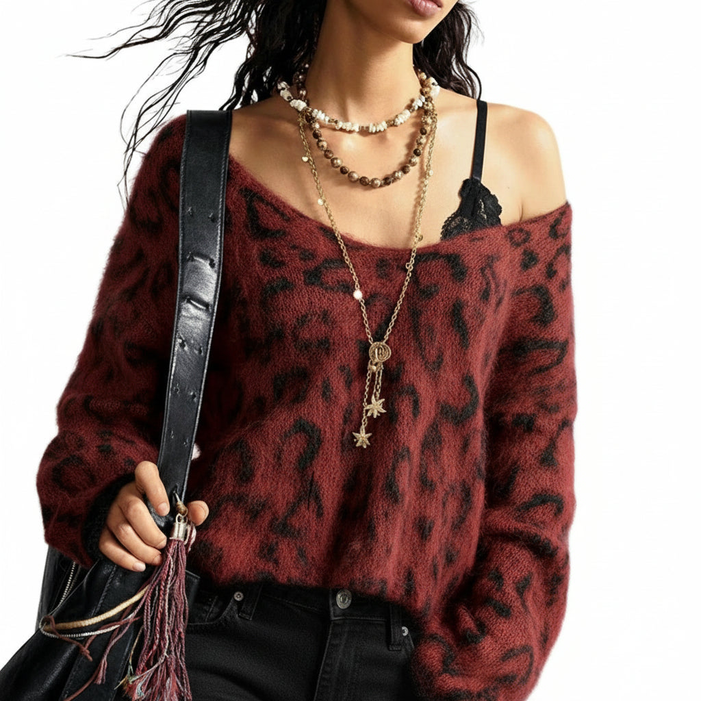 Damen Pullover mit Leopardenmuster und schulterfreiem, flauschigem Design