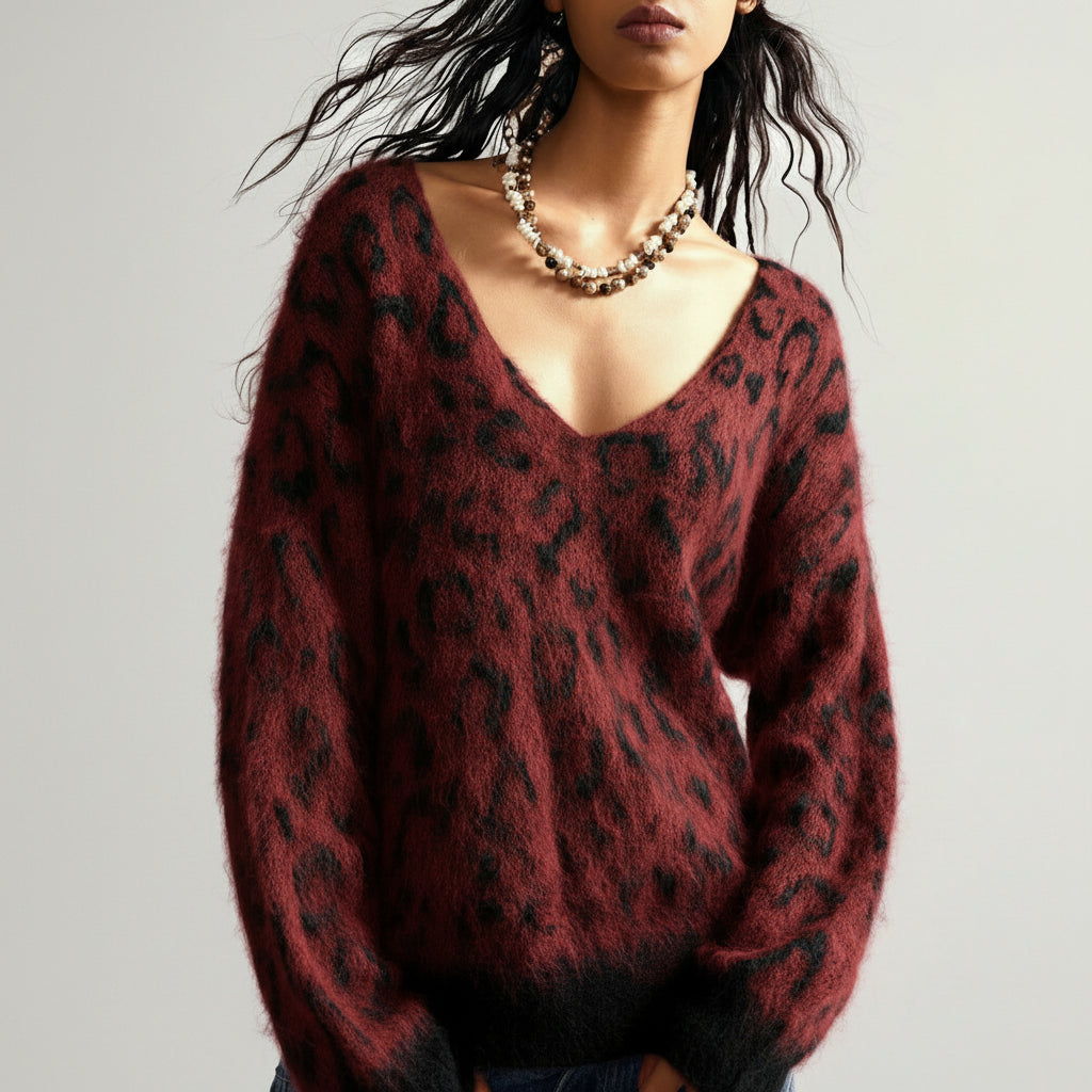 Damen Pullover mit Leopardenmuster und schulterfreiem, flauschigem Design