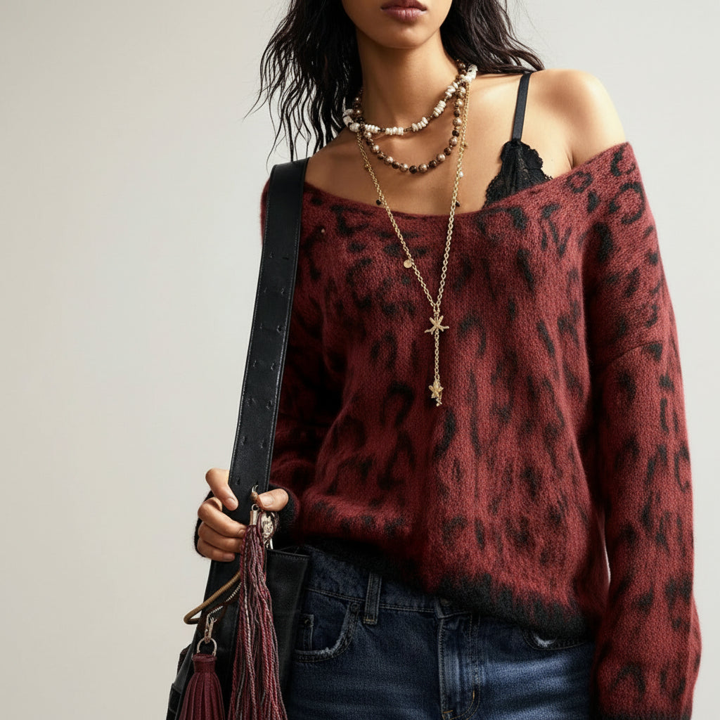 Damen Pullover mit Leopardenmuster und schulterfreiem, flauschigem Design