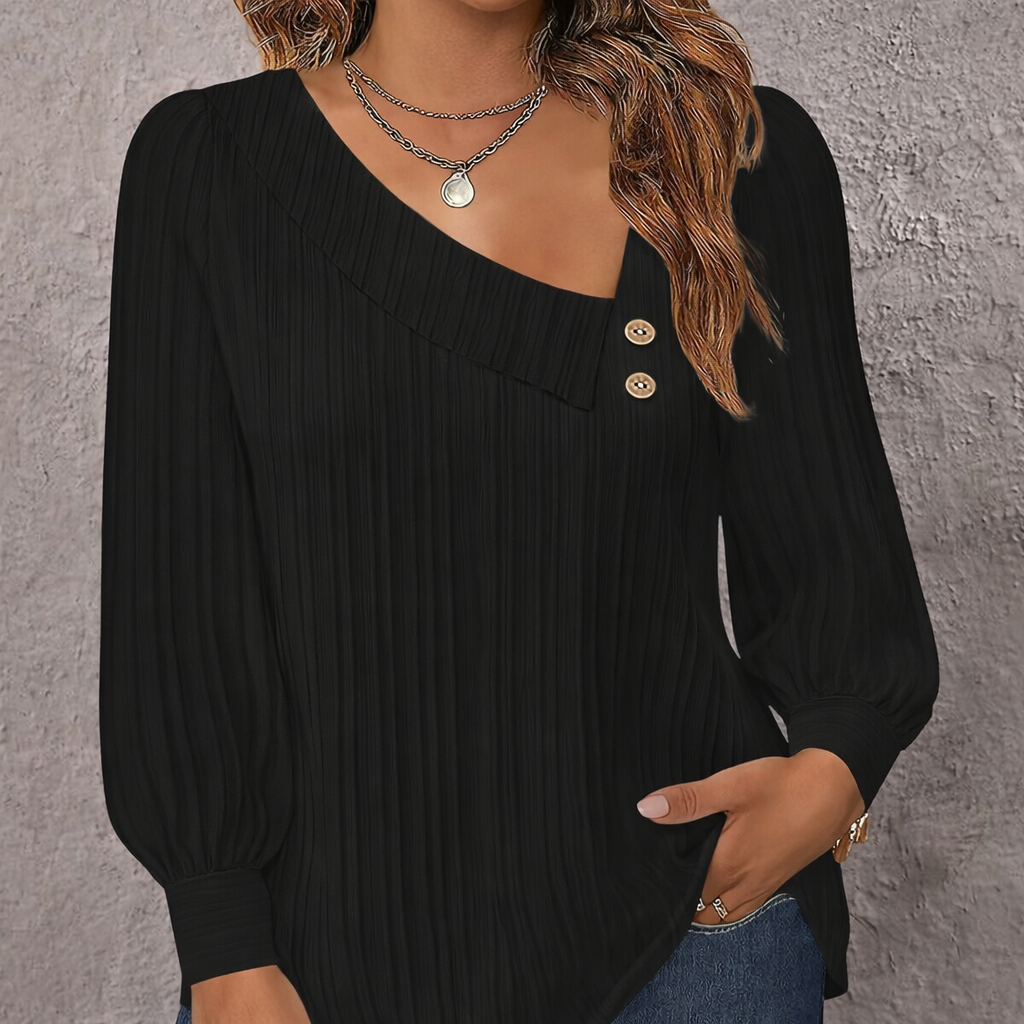 Asymmetrische Bluse mit Rippenstruktur und Puffärmeln am Hals