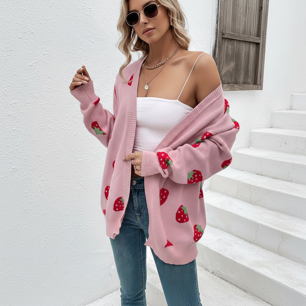 Trendy Open Heart Sweater with Playful Strawberry Print