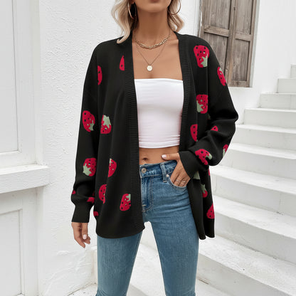 Trendy Open Heart Sweater with Playful Strawberry Print for Warm Style