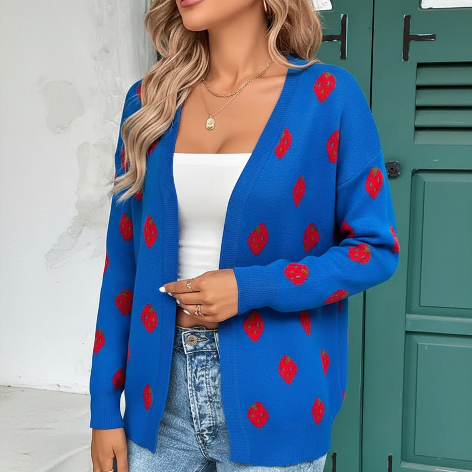 Trendy Open Heart Sweater with Playful Strawberry Print