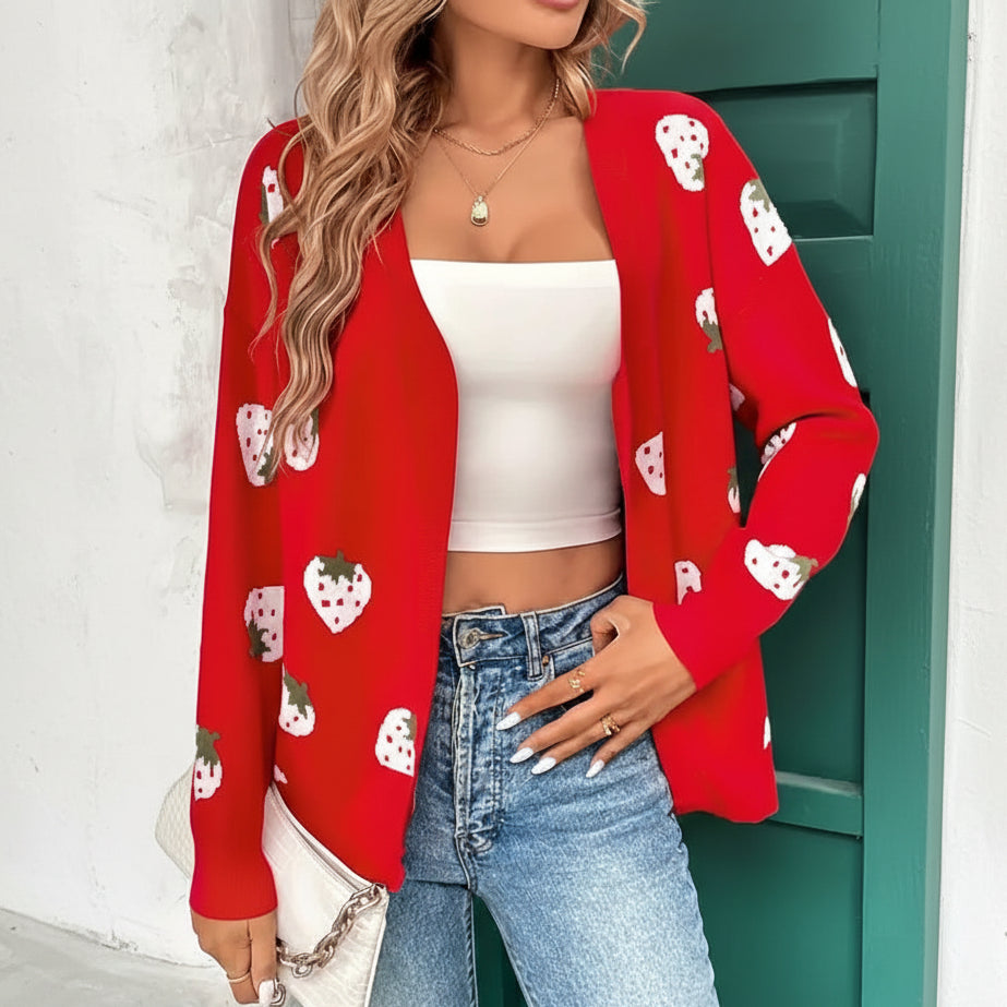 Trendy Open Heart Sweater with Playful Strawberry Print