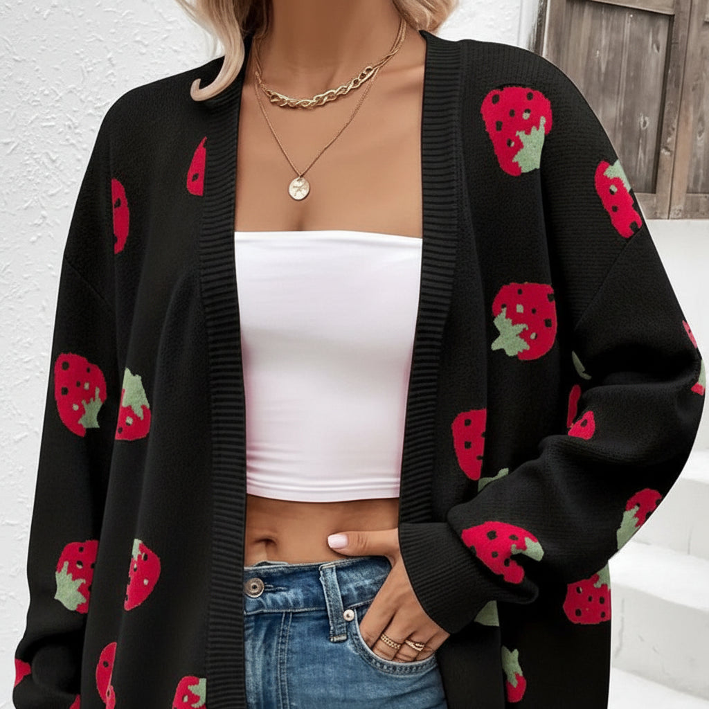 Trendy Open Heart Sweater with Playful Strawberry Print