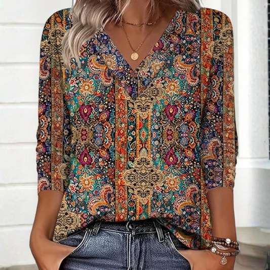 Boho Floral V Neck Relaxed Fit Top