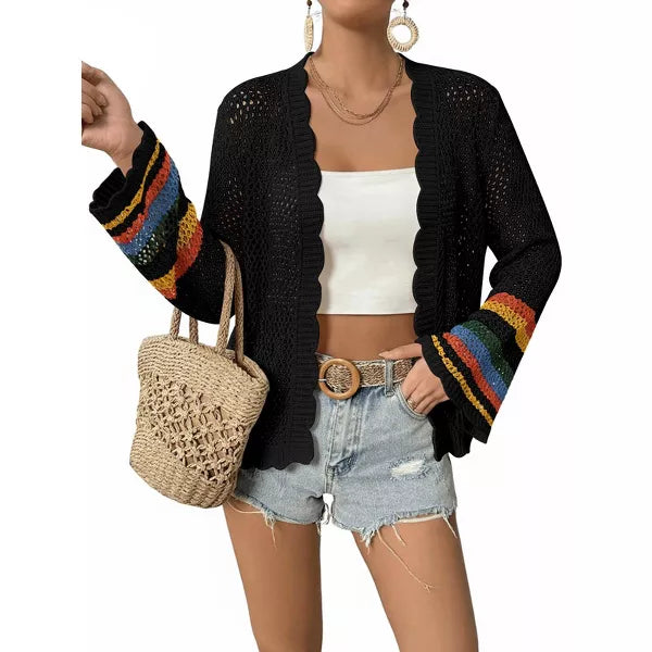 Damen Häkel-Cardigan mit Farbblock, langärmlig, lässig, Boho-Lagenlook