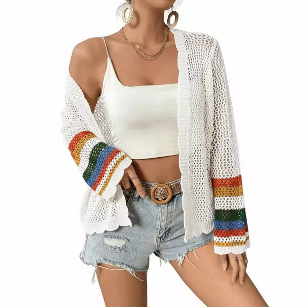 Damen Häkel-Cardigan mit Farbblock, langärmlig, lässig, Boho-Lagenlook