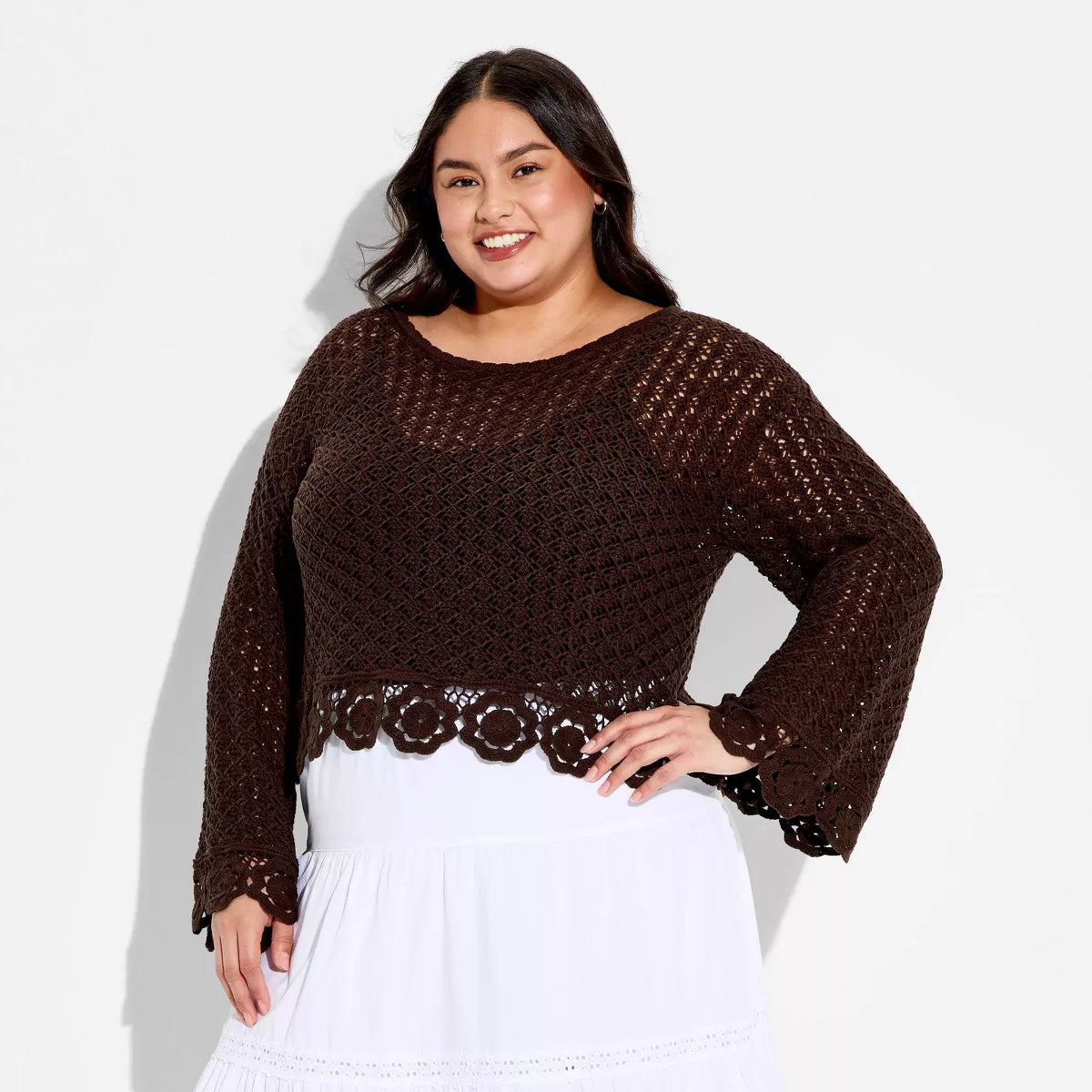 Damen Pullover mit Bootsausschnitt und Häkelmuster, leichter, lässiger Strick
