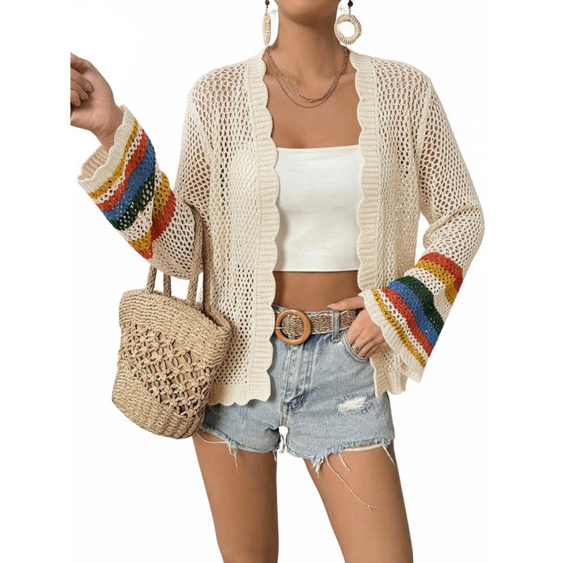 Damen Häkel-Cardigan mit Farbblock, langärmlig, lässig, Boho-Lagenlook
