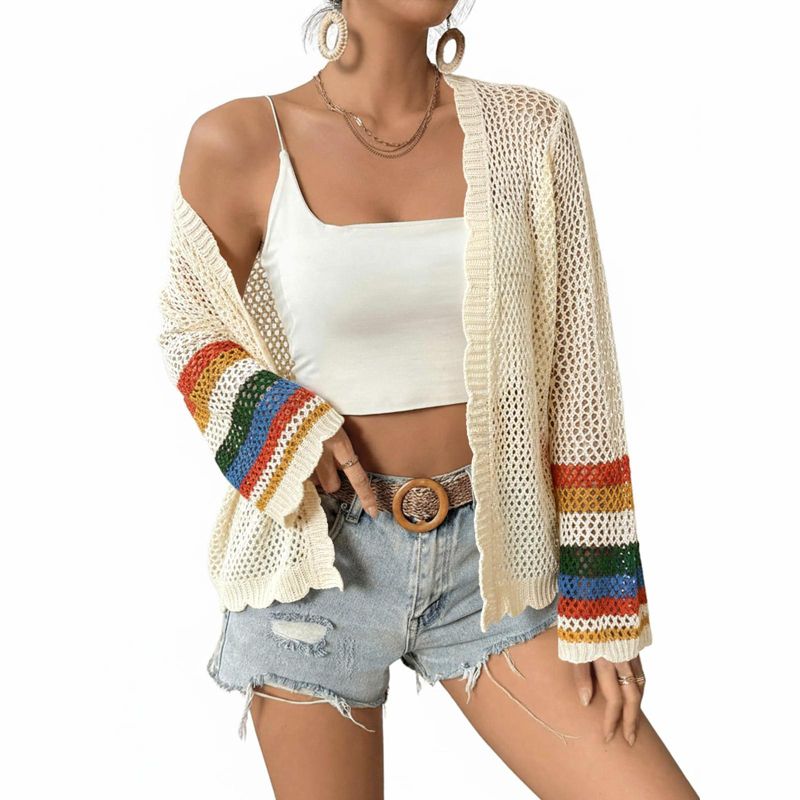 Damen Häkel-Cardigan mit Farbblock, langärmlig, lässig, Boho-Lagenlook