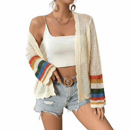 Damen Häkel-Cardigan mit Farbblock, langärmlig, lässig, Boho-Lagenlook