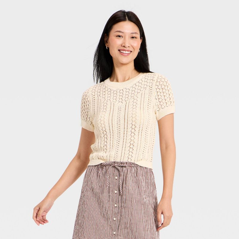 Damen Kurzarm Häkelpullover Leichtes Sommerstricktop