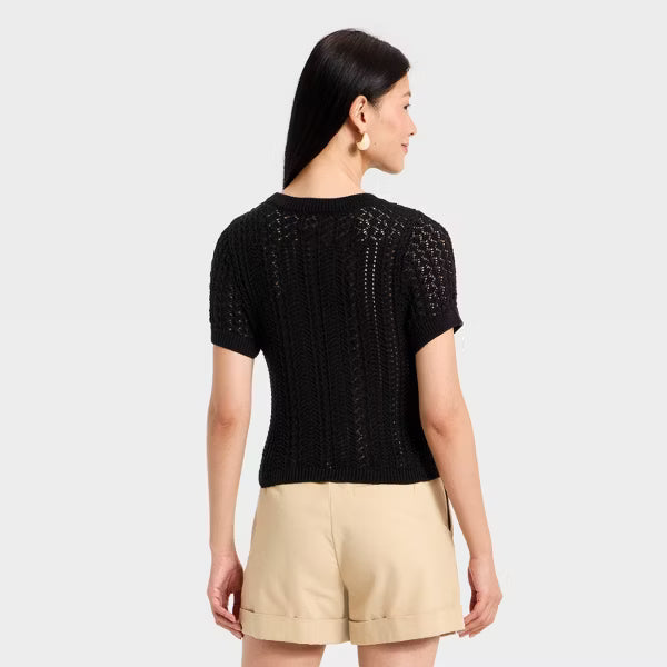 Damen Kurzarm Häkelpullover Leichtes Sommerstricktop