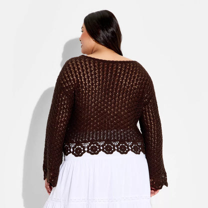 Damen Pullover mit Bootsausschnitt und Häkelmuster, leichter, lässiger Strick