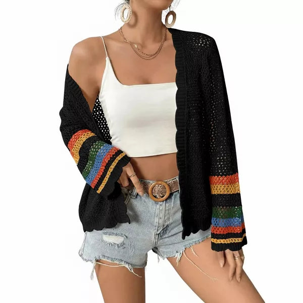 Damen Häkel-Cardigan mit Farbblock, langärmlig, lässig, Boho-Lagenlook