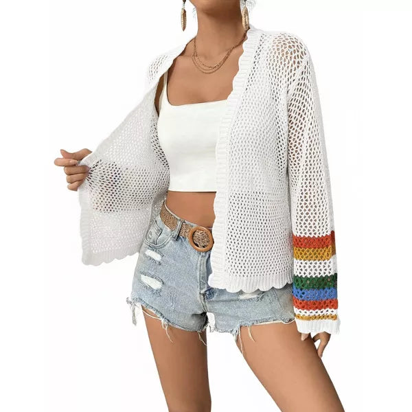 Damen Häkel-Cardigan mit Farbblock, langärmlig, lässig, Boho-Lagenlook