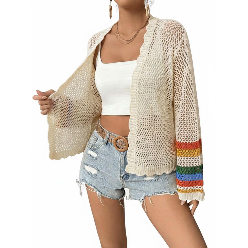Damen Häkel-Cardigan mit Farbblock, langärmlig, lässig, Boho-Lagenlook