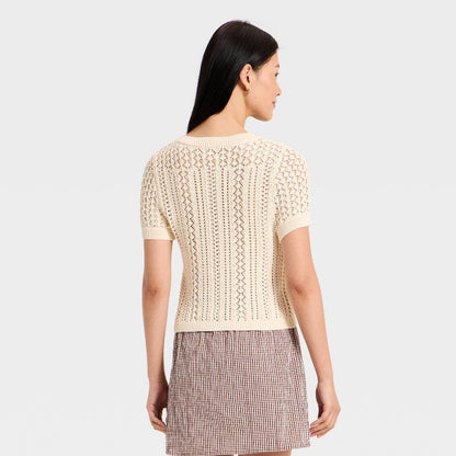 Women Short Sleeve Crochet Sweater Top Lightweight Summer Knit