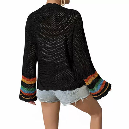 Damen Häkel-Cardigan mit Farbblock, langärmlig, lässig, Boho-Lagenlook