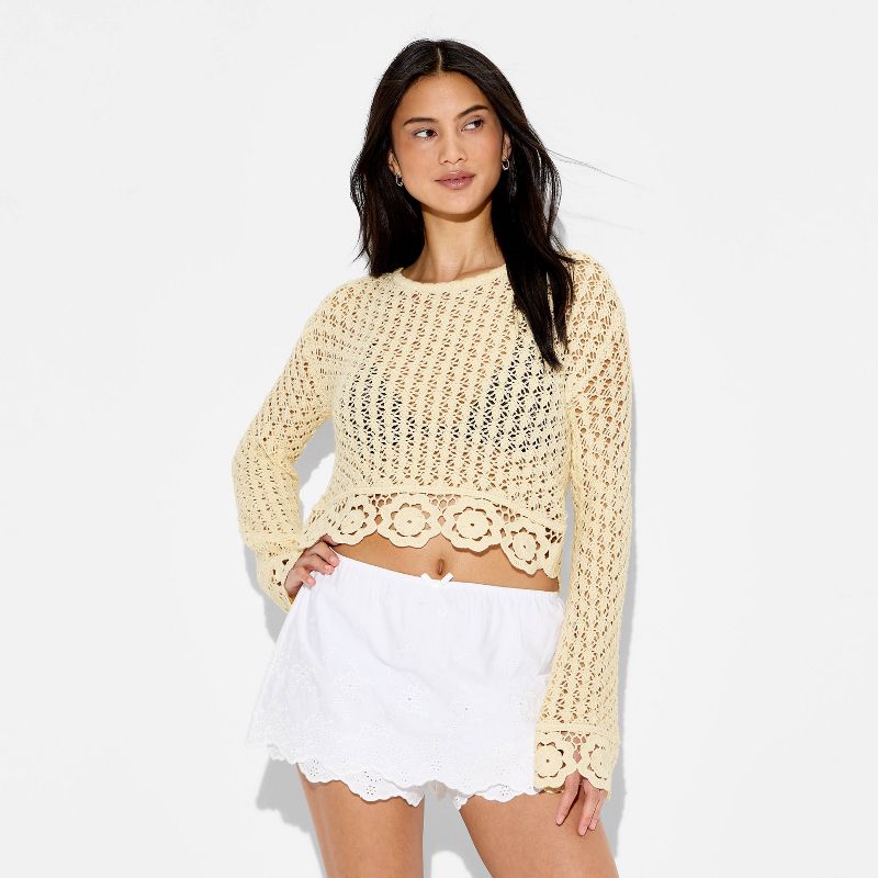 Damen Pullover mit Bootsausschnitt und Häkelmuster, leichter, lässiger Strick