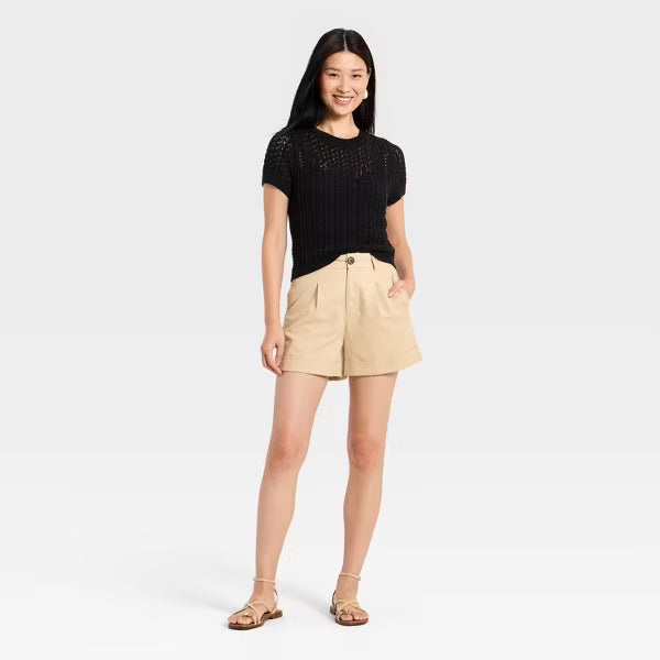 Damen Kurzarm Häkelpullover Leichtes Sommerstricktop