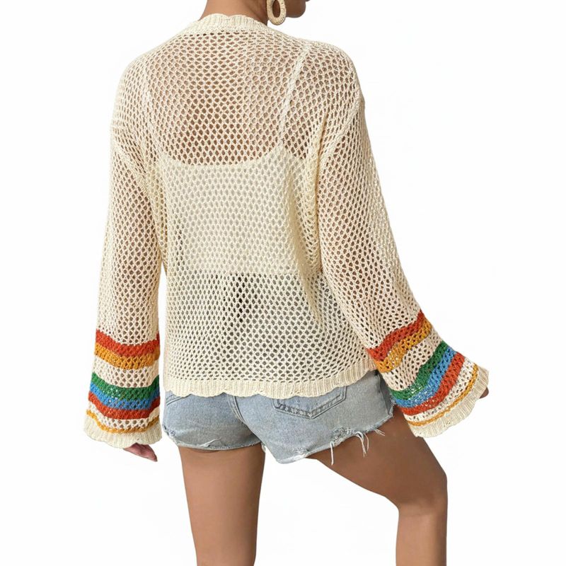 Damen Häkel-Cardigan mit Farbblock, langärmlig, lässig, Boho-Lagenlook