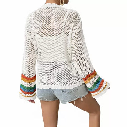 Damen Häkel-Cardigan mit Farbblock, langärmlig, lässig, Boho-Lagenlook