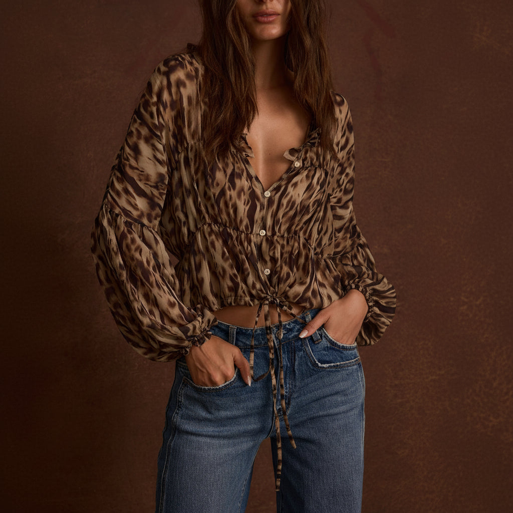 Stylish Leopard Print Long Sleeve Blouse with Ruffle Accents