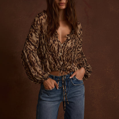 Stylish Leopard Print Long Sleeve Blouse with Ruffle Accents for Timeless Appeal