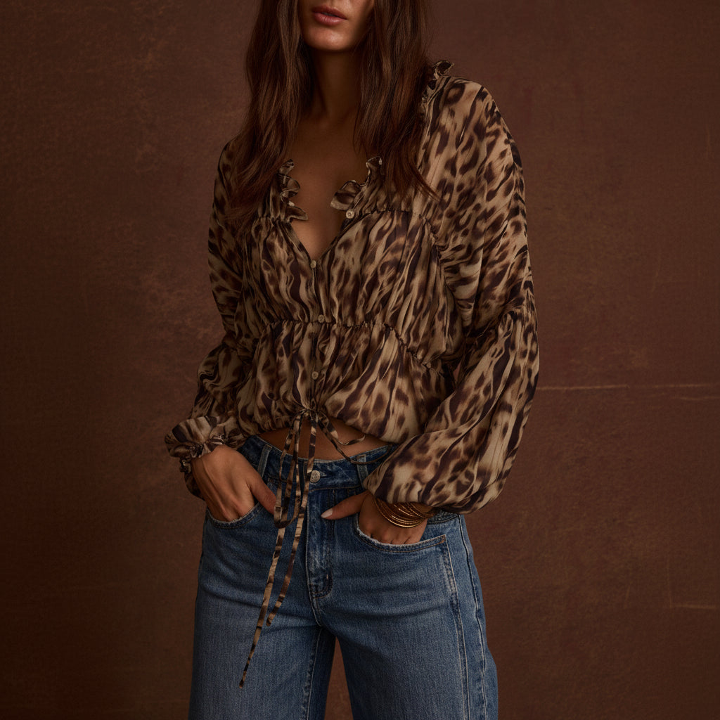 Stylish Leopard Print Long Sleeve Blouse with Ruffle Accents