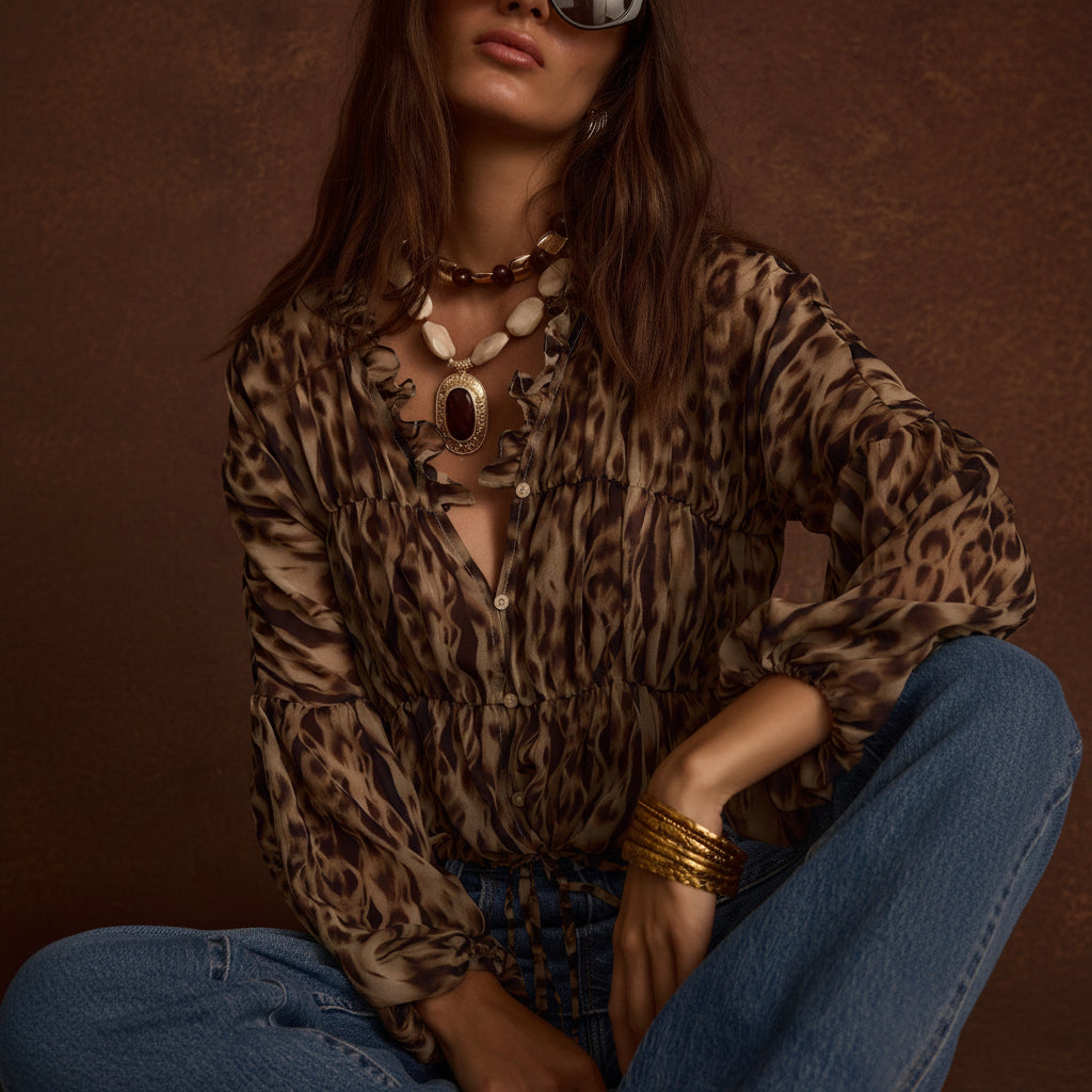 Stylish Leopard Print Long Sleeve Blouse with Ruffle Accents for Timeless Appeal