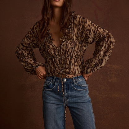 Stylish Leopard Print Long Sleeve Blouse with Ruffle Accents for Timeless Appeal