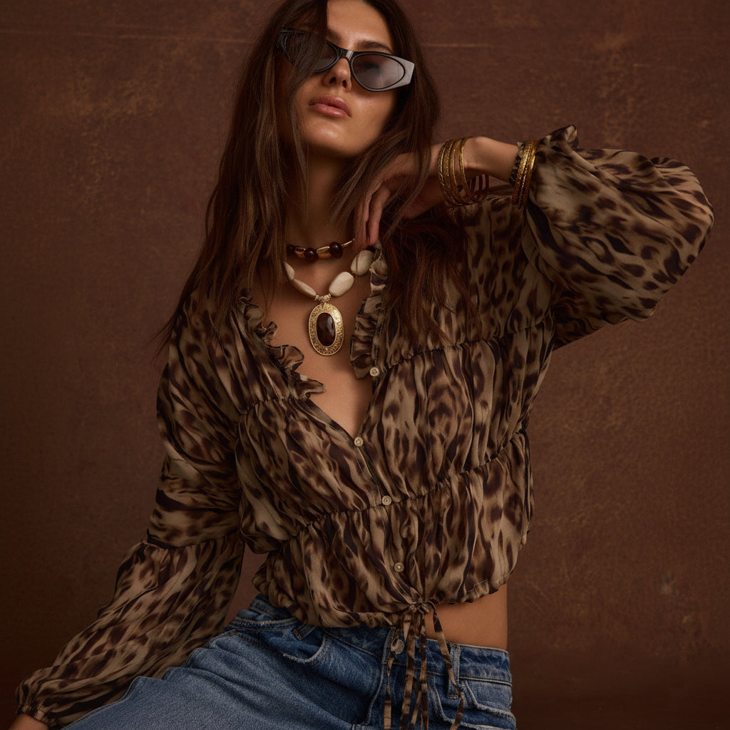 Stylish Leopard Print Long Sleeve Blouse with Ruffle Accents