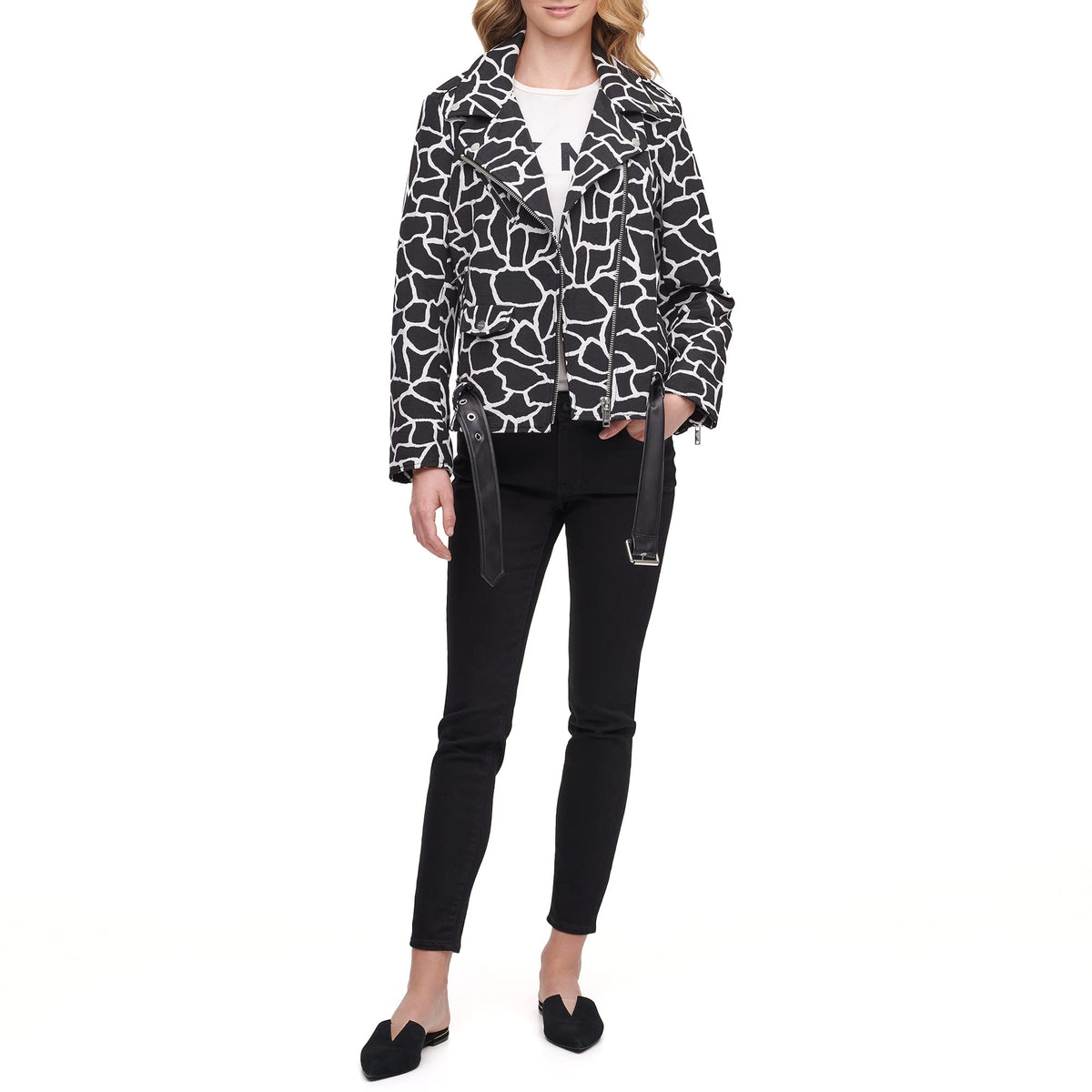 Schwarz-weiße Animal-Print-Motorradjacke