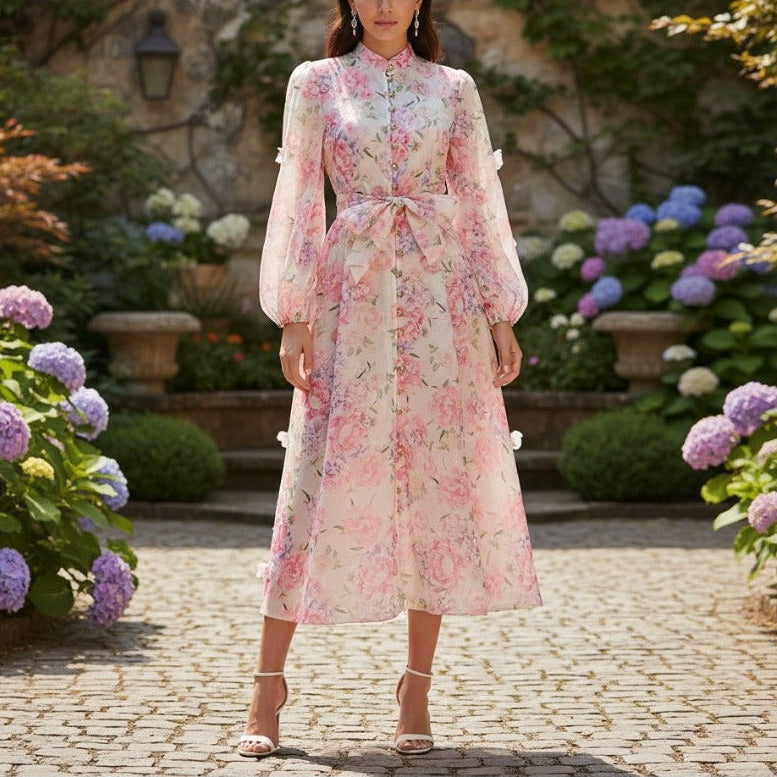 Langärmeliges Hemdkleid mit Blumenmuster – Eleganter französischer Stil