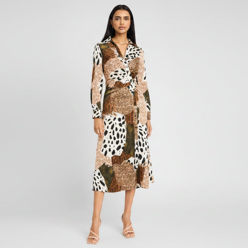 Langarm-Midikleid mit V-Ausschnitt und Wickeloptik – Abstrakter Print, A-Linien-Eleganz