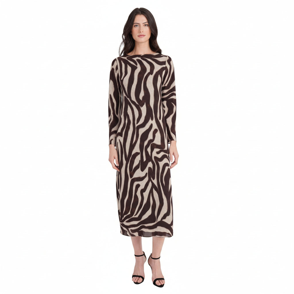 Damen Midi-Kleid mit langen Ärmeln und Zebramuster