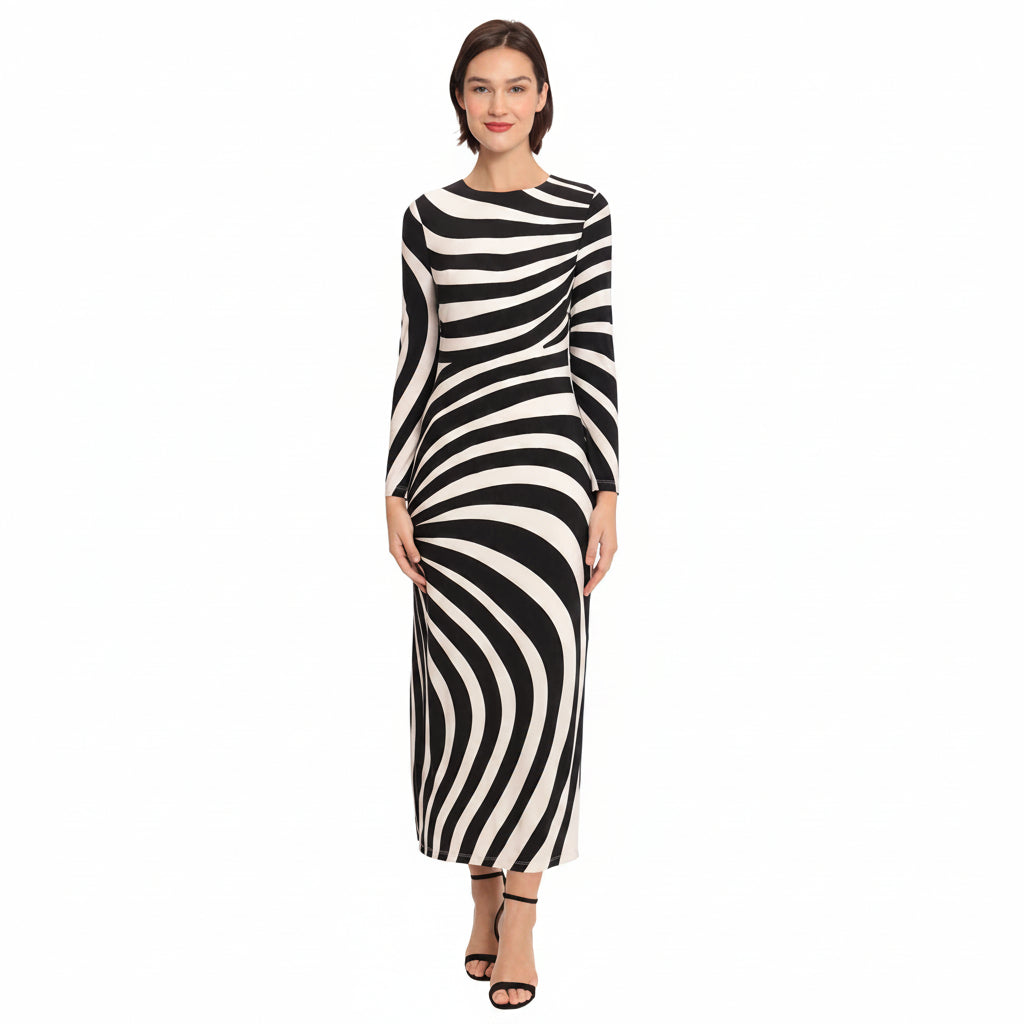Gestreiftes Maxi-Kleid mit langen Ärmeln und einfachem Body – mühelose Eleganz