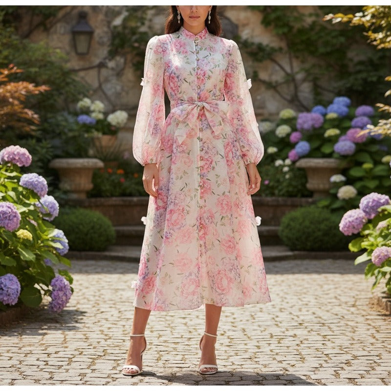 Langärmeliges Hemdkleid mit Blumenmuster – Eleganter französischer Stil