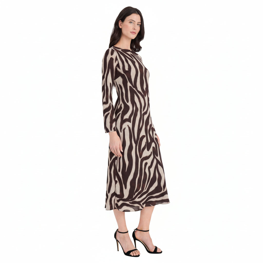 Damen Midi-Kleid mit langen Ärmeln und Zebramuster