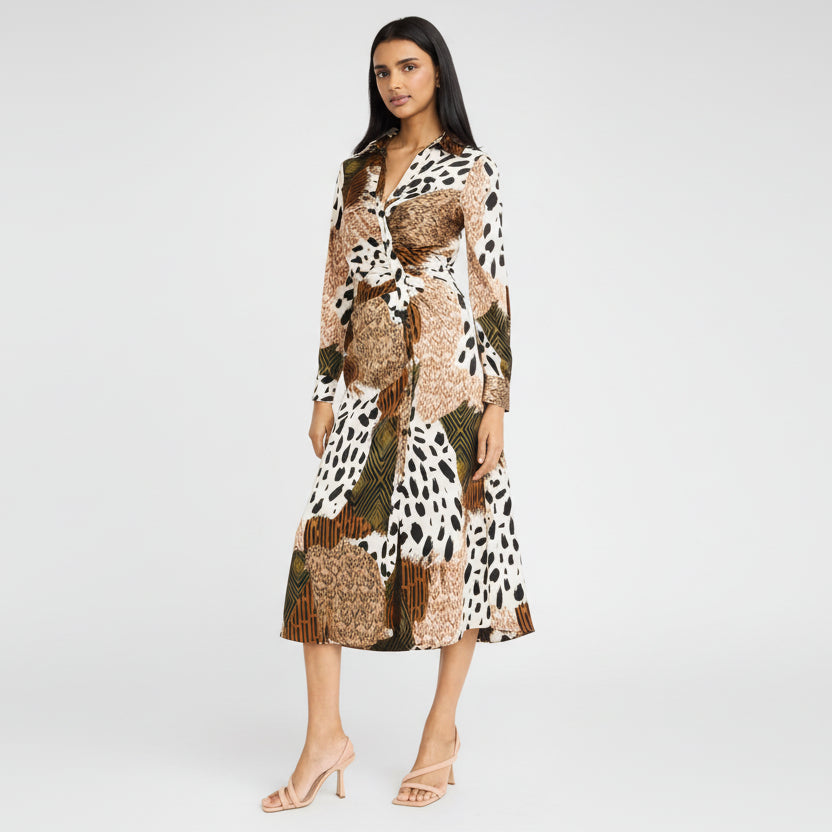 Langarm-Midikleid mit V-Ausschnitt und Wickeloptik – Abstrakter Print, A-Linien-Eleganz