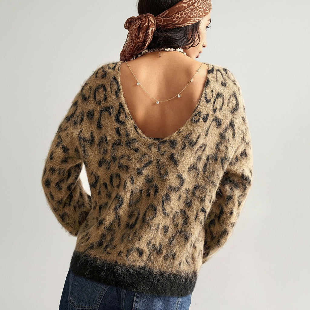 Damen Pullover mit Leopardenmuster und schulterfreiem, flauschigem Design