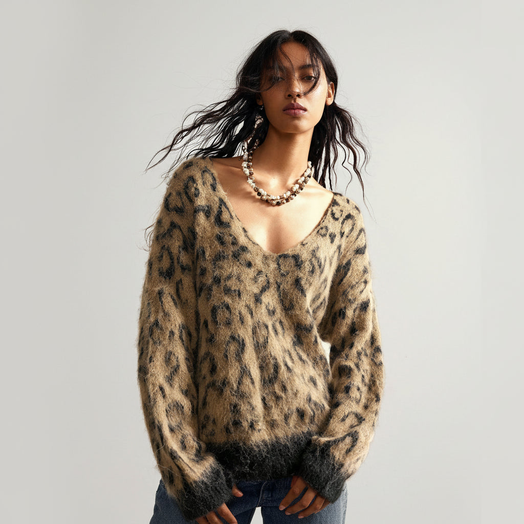Women’s Leopard Print Off-Shoulder Fuzzy Sweater