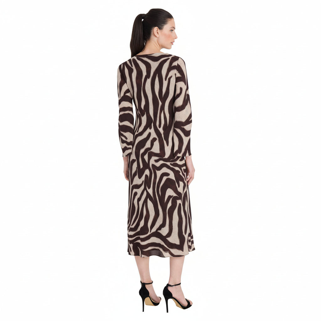 Damen Midi-Kleid mit langen Ärmeln und Zebramuster